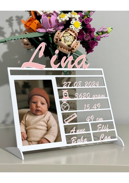 Kişiye Özel 3D Yenidoğan Bilgi Tablosu - Çift Renk (Beyaz & Bebek Pembe) fiyatları