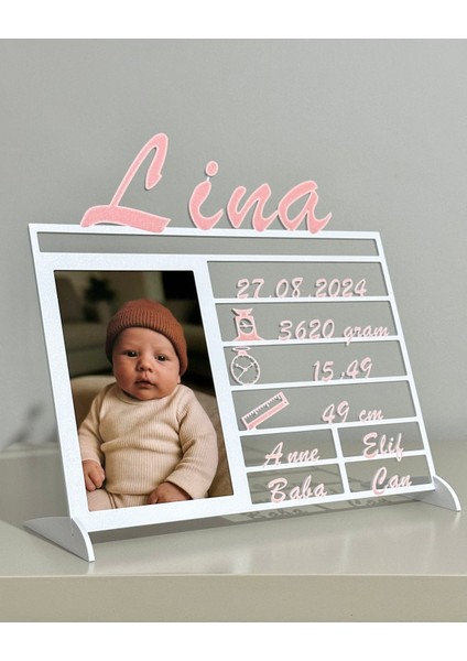 Kişiye Özel 3D Yenidoğan Bilgi Tablosu - Çift Renk (Beyaz & Bebek Pembe) modelleri