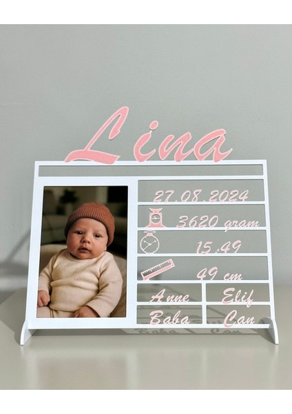 Kişiye Özel 3D Yenidoğan Bilgi Tablosu - Çift Renk (Beyaz & Bebek Pembe) fırsatları