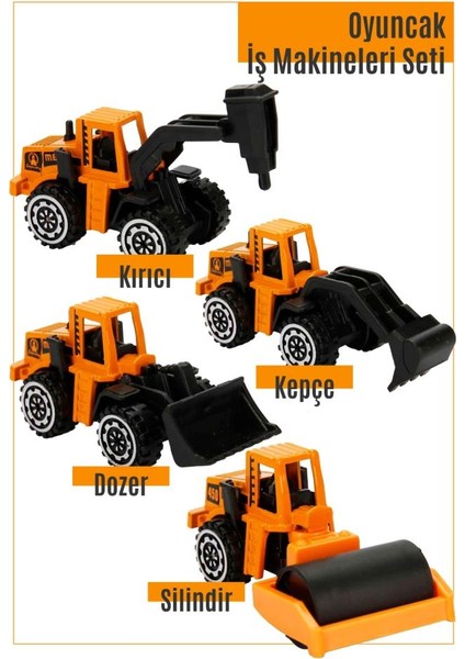 Oyuncak Metal Iş Makineleri Seti Inşaat Araçları 4 Lu