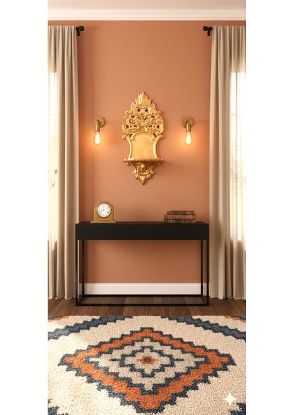 Altın Yaldız El Oyması Büyük Boy Ahşap Dekoratif Duvar Rafı - Şamdan