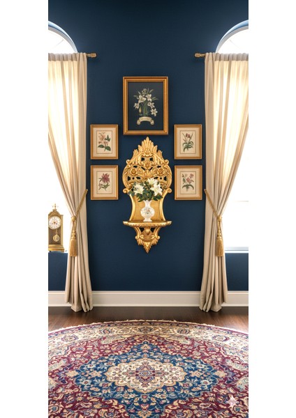 Altın Yaldız El Oyması Büyük Boy Ahşap Dekoratif Duvar Rafı - Şamdan modelleri