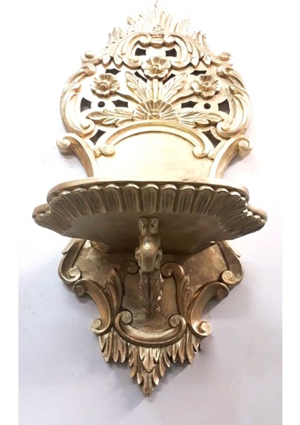 Altın Yaldız El Oyması Büyük Boy Ahşap Dekoratif Duvar Rafı - Şamdan