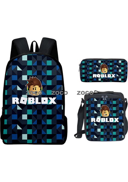 3D Yeni Roblox Öğrenci Okul Çantası Öğle Yemeği Çantası Kalem Çantası Omuz Çantası Üç Parçalı Set (Yurt Dışından)