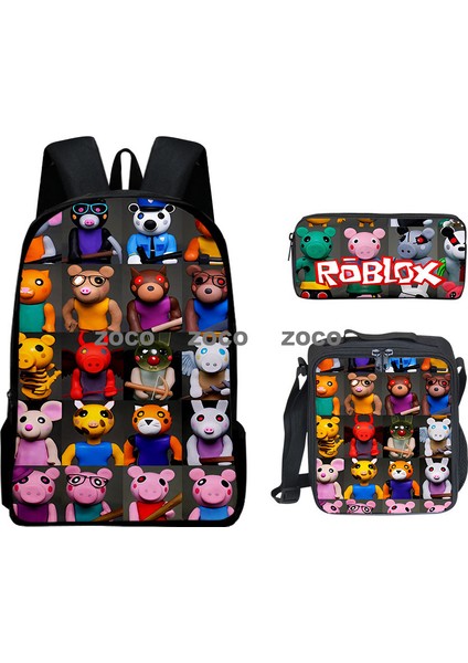 3D Yeni Roblox Öğrenci Okul Çantası Öğle Yemeği Çantası Kalem Çantası Omuz Çantası Üç Parçalı Set (Yurt Dışından)