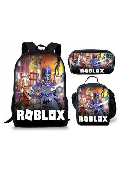 3D Yeni Roblox Öğrenci Okul Çantası Öğle Yemeği Çantası Kalem Çantası Omuz Çantası Üç Parçalı Set (Yurt Dışından)