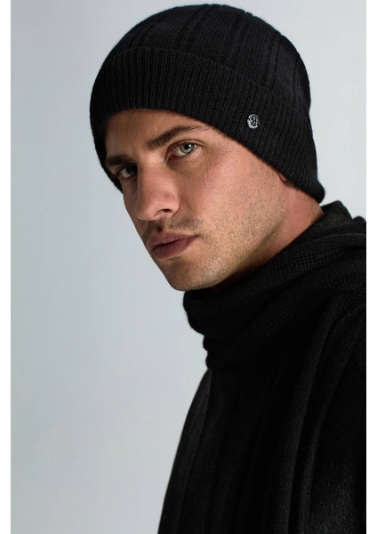 Saf Kaşmir Örgü Desenli Siyah Bere