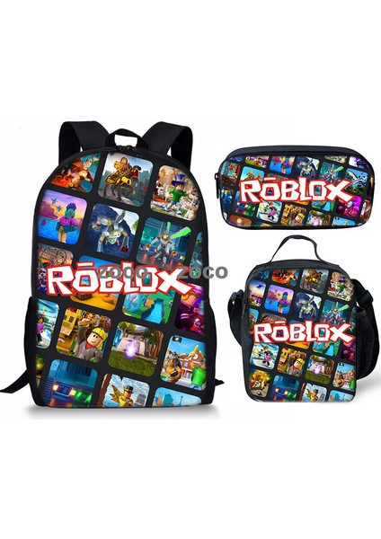 3D Yeni Roblox Öğrenci Okul Çantası Öğle Yemeği Çantası Kalem Çantası Omuz Çantası Üç Parçalı Set (Yurt Dışından)