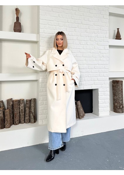 Kadın Kaşe Kuşaklı Pelerin Detay Extra Oversize Kaban / Trençkot