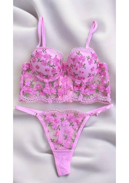Çiçek Desenli Korseli Destekli Push Up Büstiyer Sütyen Takımı fırsatları