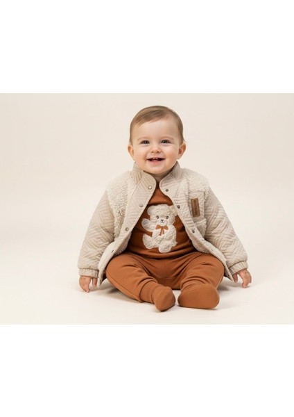 Ayıcık Nakışlı Peluş Yelekli 3 Parça 3 Iplik Çocuk Eşofman Takımı