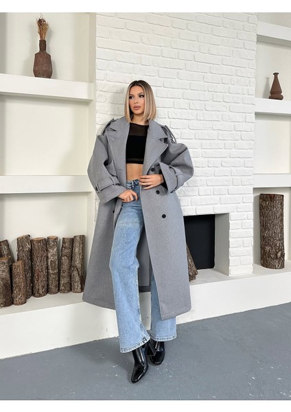 Kadın Kaşe Kuşaklı Pelerin Detay Extra Oversize Kaban / Trençkot