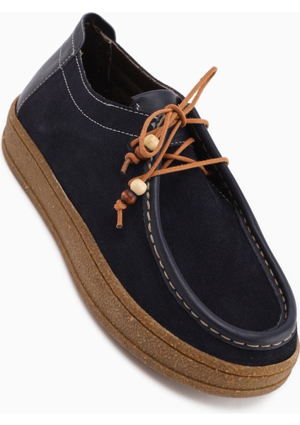 Polin Hakiki Deri Lacivert Süet Bağcıklı Günlük Loafer Ayakkabı