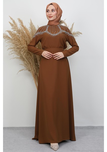 Nisan Taşlı Elbise Açık Hardal modelleri