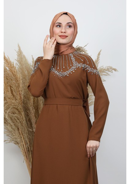 Nisan Taşlı Elbise Açık Hardal indirimleri