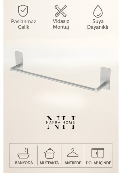 Paslanmaz Çelik Yapışkanlı Havlu Askılığı | Delmeden Montaj Suya ve Neme Dayanıklı Çok Amaçlı