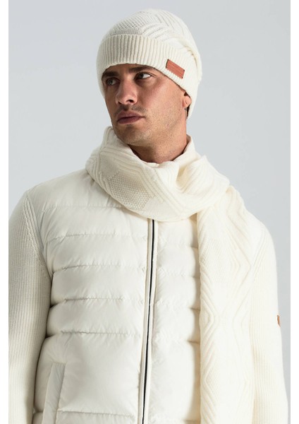 Merino Yün Kaşmir Karışım Desenli Beyaz Bere