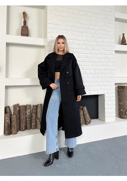 Kadın Kaşe Kuşaklı Pelerin Detay Extra Oversize Kaban / Trençkot