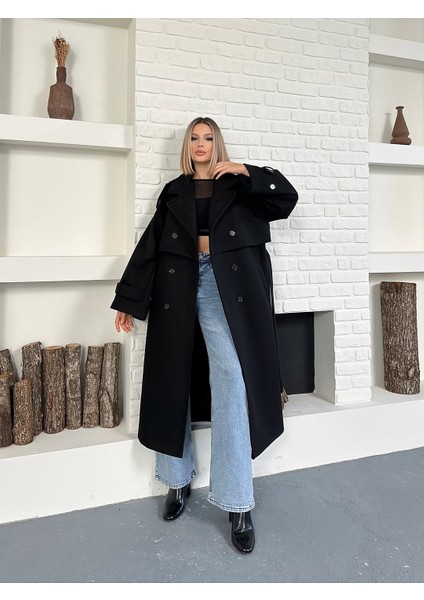 Kadın Kaşe Kuşaklı Pelerin Detay Extra Oversize Kaban / Trençkot fırsatları