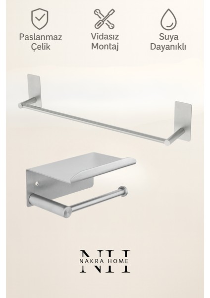 2'li Paslanmaz Çelik Yapışkanlı Havlu Askılığı ve Tuvalet Kağıtlığı | Delmeden Montaj Neme Dayanıklı