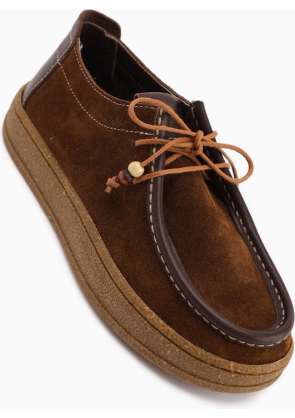 Polin Hakiki Deri Kahve Süet Bağcıklı Günlük Loafer Ayakkabı