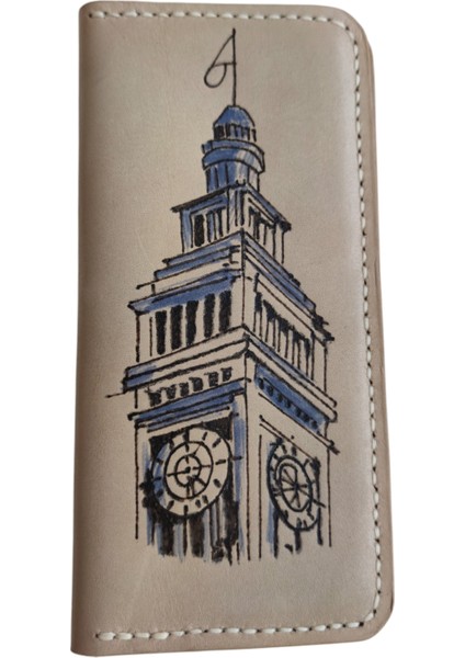 Hakiki Deri Big Ben Temalı Unisex Cüzdan - Vegetable-Tanned Ince Katlanabilir Model | El Işçiliği Sanatsal Deri Aksesuar Tasarımı