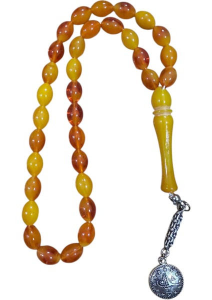 🟠 Toz Kehribar Karışımlı Metal Püsküllü Tesbih – Yumuşak Çekimli, Şık ve Zarif Tasarım