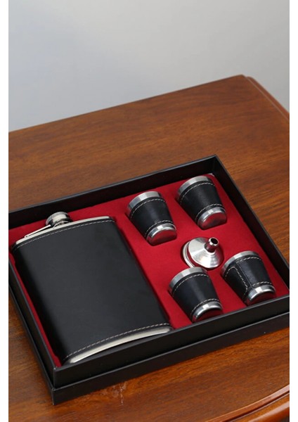 Paslanmaz Çelik 4 Bardaklı Derili Matara Seti