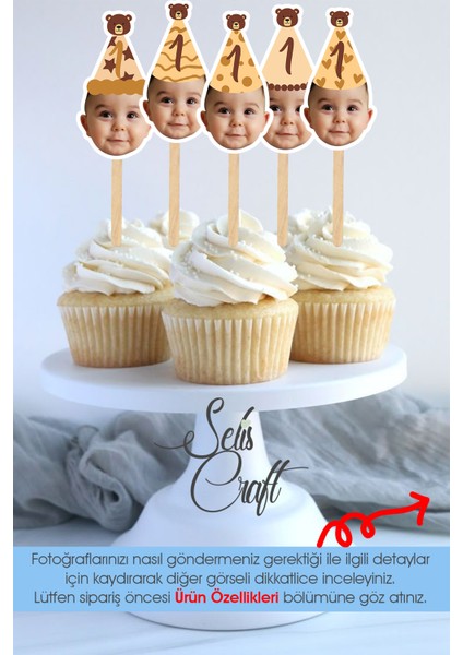Ayıcık Modelli Fotoğraflı Doğum Günü Cupcake Pasta Dekor Süslemesi 10 Adet