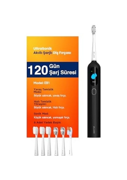 Pluzz Ultra Sonik Şarjlı Diş Fırçası 120 Gün Şarj Süresi 6 Adet Başlık (Siyah) fiyatları
