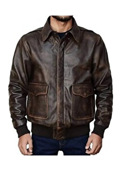 Erkek Pilot Mont Hakiki Koyun Derisi Gömlek Yaka Orta Kalınlık