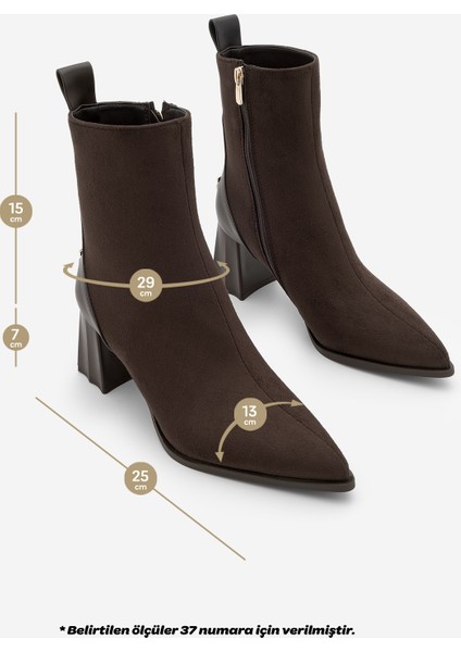 Kadın Sivri Burun Kalın Ökçe Topuklu Bot Esvon Kahve Süet
