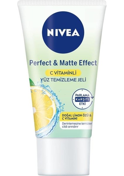 Nıvea Yüz Temizleme Jeli Perfect&matte 50ML, C Vitamini, Limon Özü, Matlaştırıcı Etki, Parlama Kontrolü