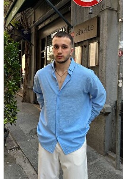 Napas Erkek Oversize Gömlek Günlük Kullanım İçin Desenli Mavi Polyester