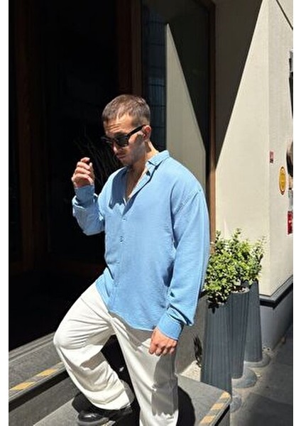 Napas Erkek Oversize Gömlek Günlük Kullanım İçin Desenli Mavi Polyester