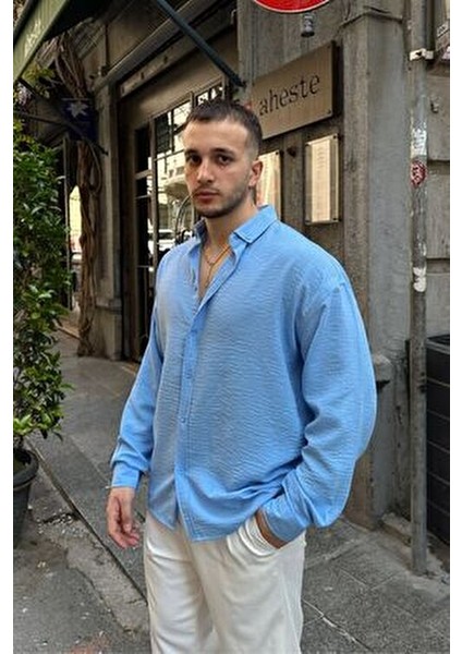 Napas Erkek Oversize Gömlek Günlük Kullanım İçin Desenli Mavi Polyester
