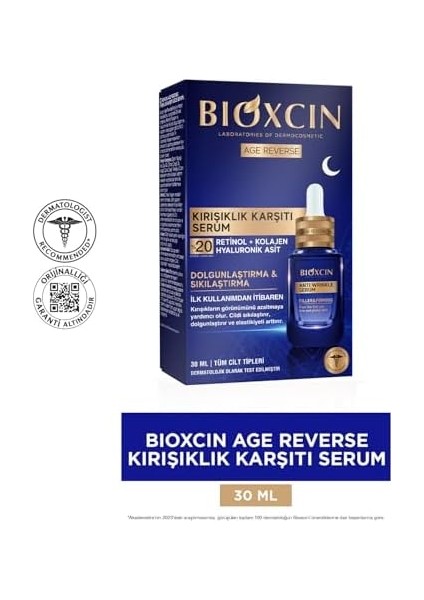 Bioxcin Age Reverse Gece Serumu 30 ml –%20 Retinol, Kolajen, Hyaluronik Asit ve Bitkisel Kompleks Içerikli – Kırışıklık Karşıtı ve Sıkılaştırıcı Cilt Serumu