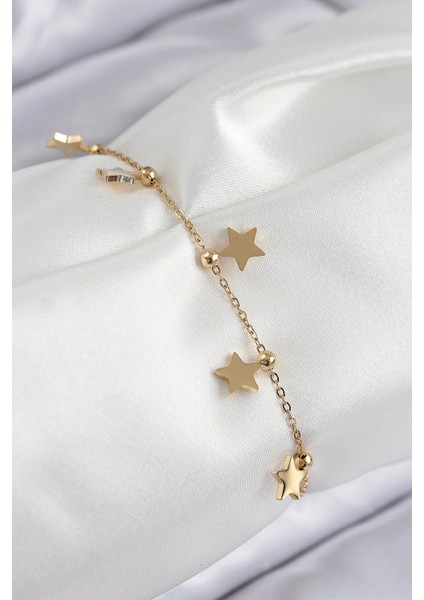 316L Çelik Sıralı Yıldız Model Gold Renk Kadın Bileklik - TJ-BB7825 modelleri