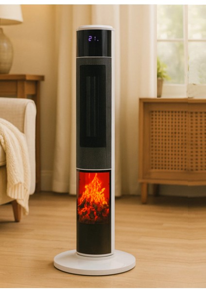 German HG-WHIO White Oval Seri OLED Şömineli Ekran Dijital Kule Tipi Seramik Fanlı Isıtıcı