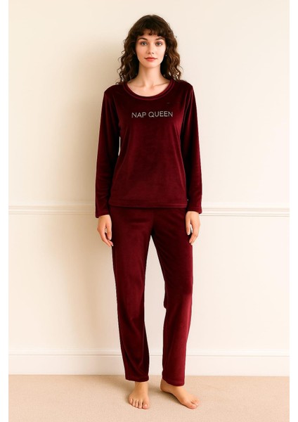 Kadın 13166-2784 Uzun Kol Kadife Pijama Takımı Mürdüm