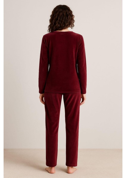 Kadın 13166-2784 Uzun Kol Kadife Pijama Takımı Mürdüm fiyatları