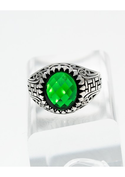 Retro Stil Parlak Zümrüt Renkli Taşlı El Işçiliği Erkek Aksesuar Yüzüğü