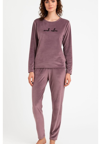 Kadın 13166-652 Uzun Kol Kadife Pijama Takımı Lila