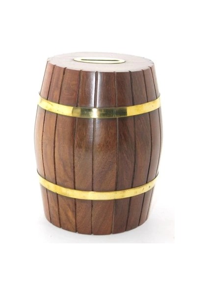 Buğz Pirinç Ahşap Fıçı Kumbara 15 cm