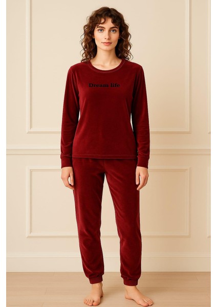 Kadın 13164-060 Uzun Kol Kadife Pijama Takımı Bordo