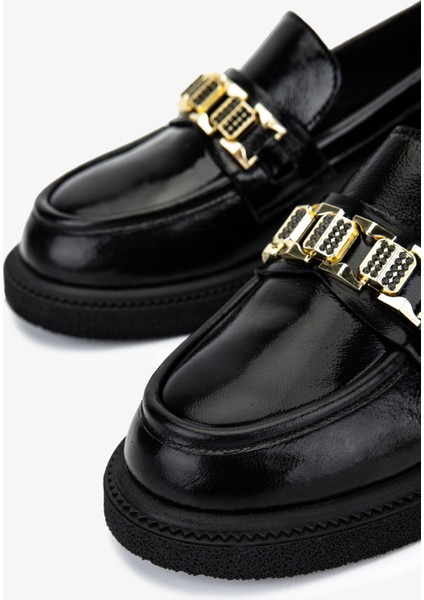 Kadın Hakiki Deri Siyah Kırışık Rugan Loafer Ayakkabı 1061 5138 Bn Ayk SK25-26 Sıyah Krsk Rgn modelleri