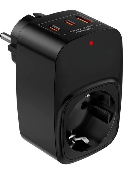 Akım Korumalı Priz 1x Priz, 2x Type-C, 1x USB Port Çıkışlı Tekli (Siyah)