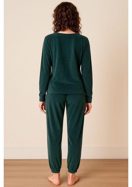 Kadın 13164-2840 Uzun Kol Kadife Pijama Takımı Yeşil fiyatları