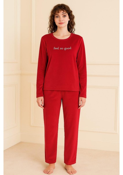 Kadın 13166-2781 Uzun Kol Kadife Pijama Takımı Kırmızı