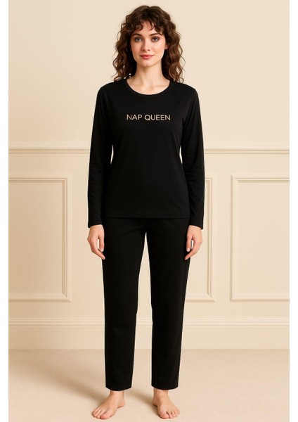 Kadın 13166-508 Uzun Kol Kadife Pijama Takımı Siyah